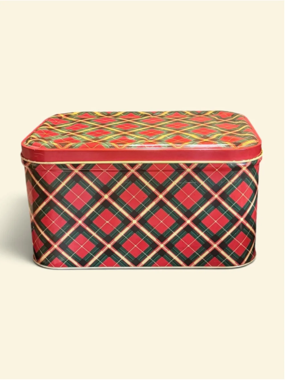 Vintage 1950s Tartan Plaid Metal Bread Box Red Green Yellow Mid Century Kitchen